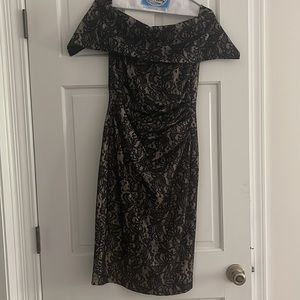 Vince Camuto Off the Shoulder Lace & Sequin Cocktail Dress -Black / Tan-Size 6